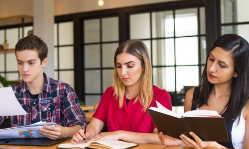Portrait of three serious students studying in library. Young Caucasian man working with papers and two women reading textbook. Education concept